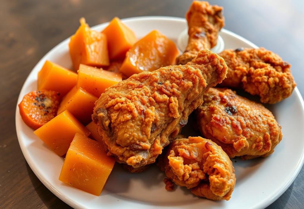 A plate of crispy fried chicken with a side of jerk seasoning and steamed yams