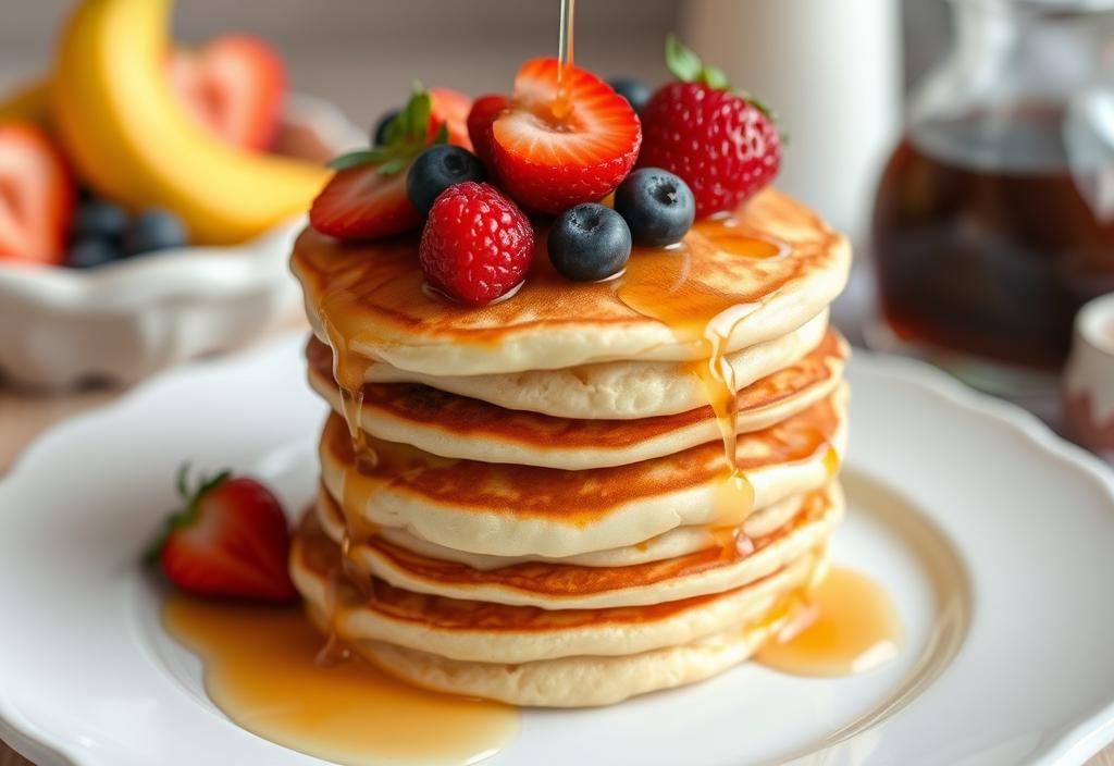 A stack of fluffy pancakes with fresh fruit and syrup