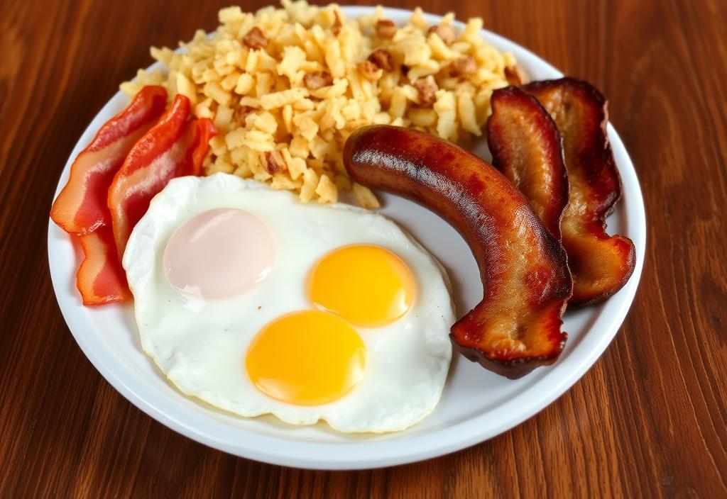 A plate of eggs, bacon, sausage, and hash browns