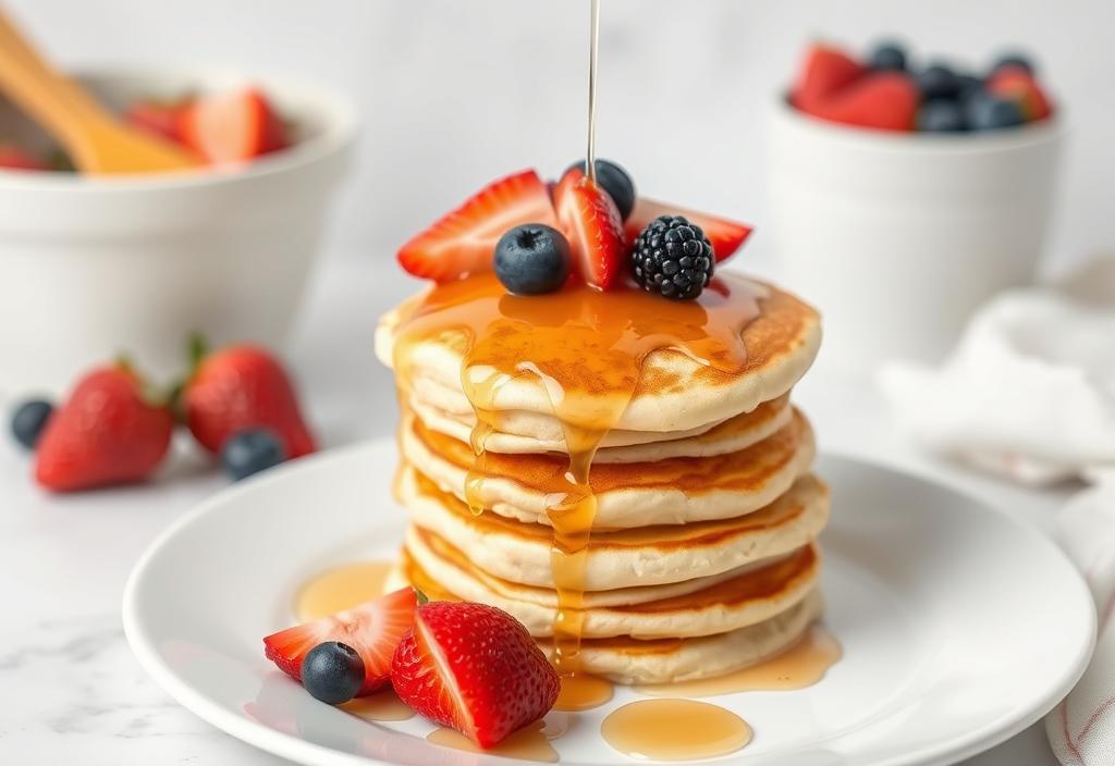 A stack of pancakes with fresh fruit and syrup