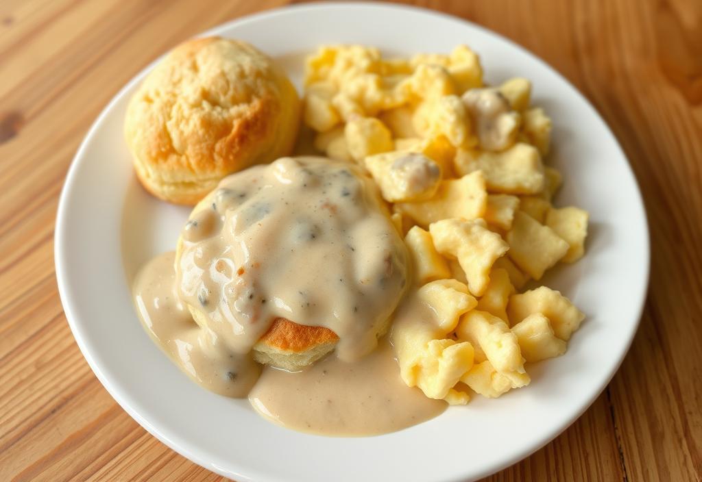 A plate of biscuits and gravy with scrambled eggs