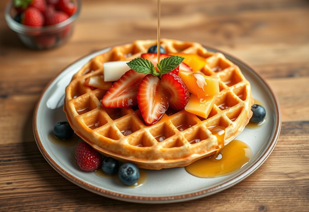 A waffle with fresh fruit and syrup