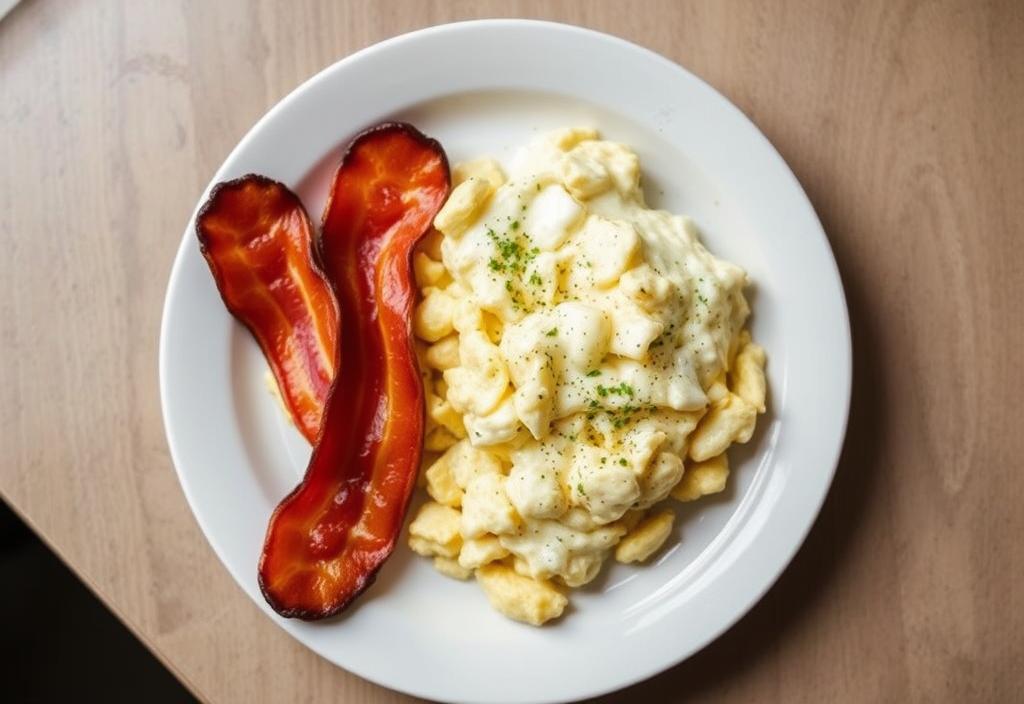 A plate of scrambled eggs and bacon