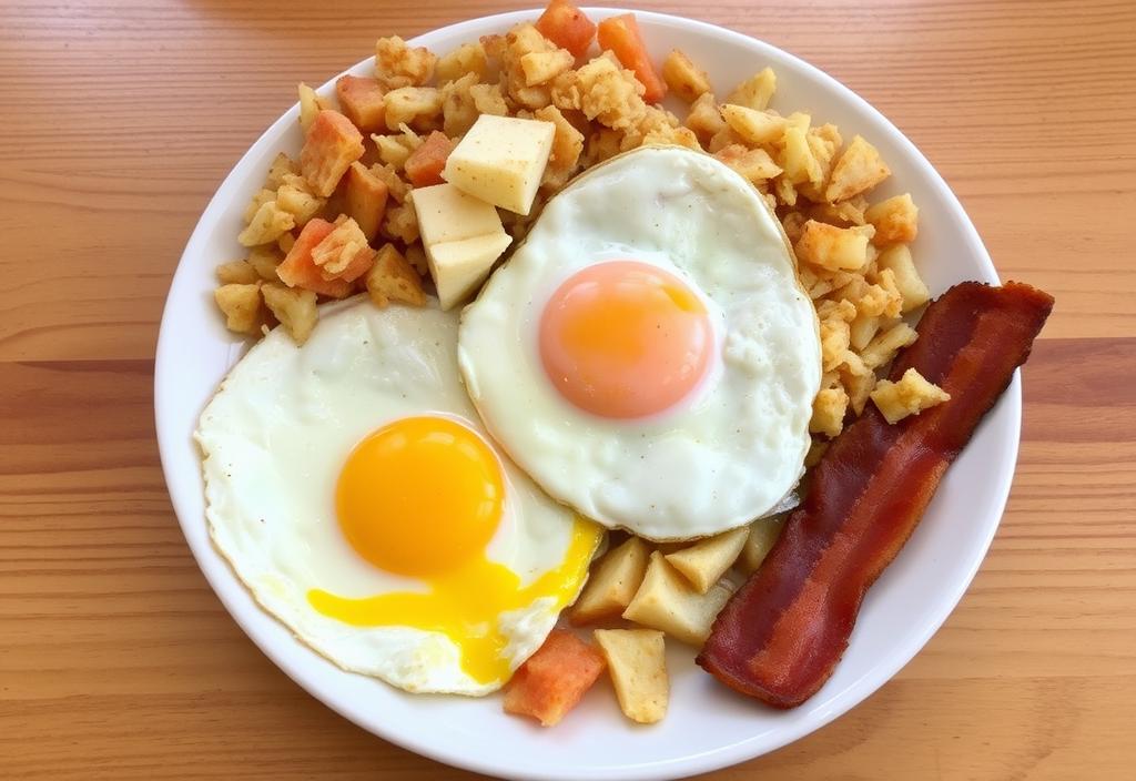 A plate of eggs, bacon, and hash browns