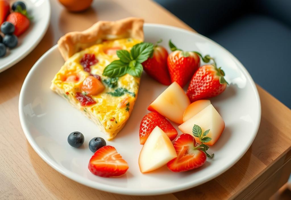 A plate of quiche and fresh fruit