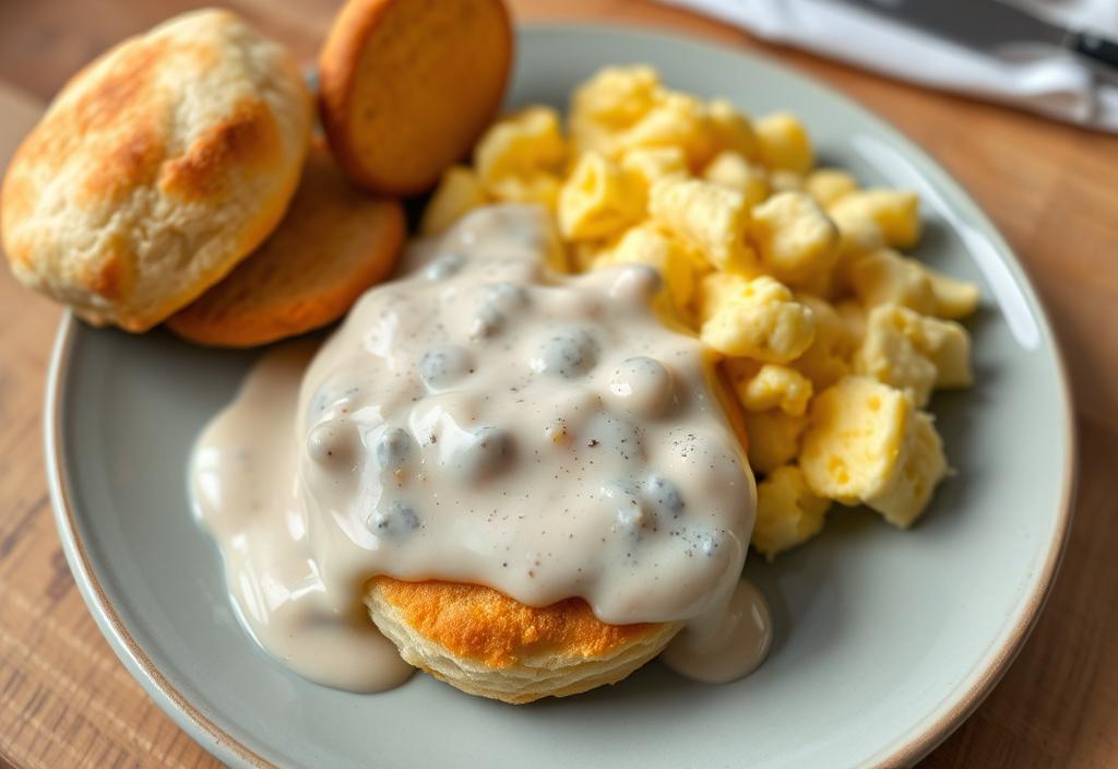 A plate of biscuits and gravy with scrambled eggs