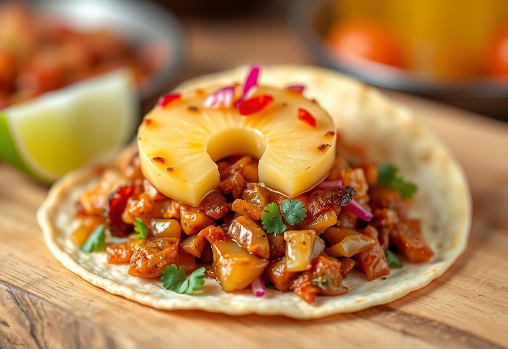 A photo of a taco al pastor with a slice of pineapple on top