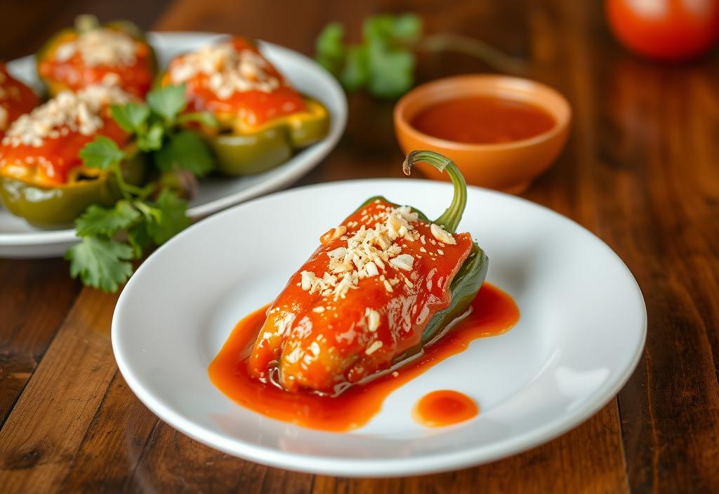 A photo of chiles rellenos with a tomato sauce