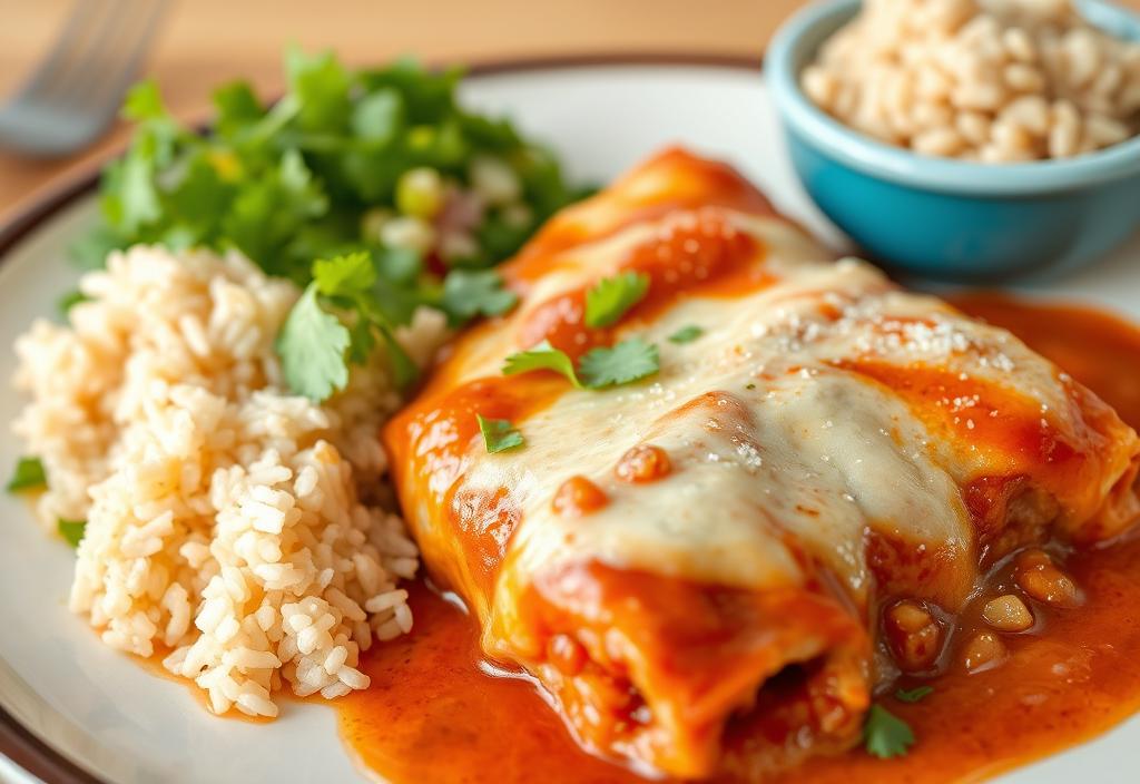 A photo of enchiladas rojas with a side of rice and beans