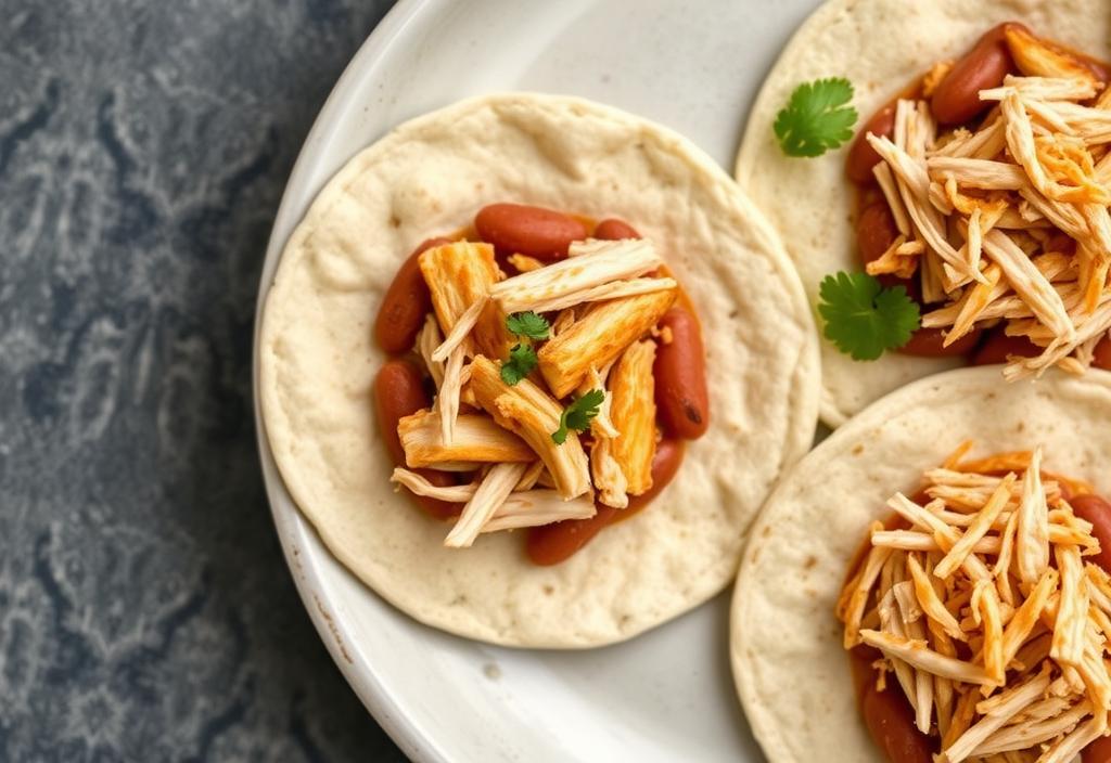 A photo of sopes with refried beans and shredded chicken