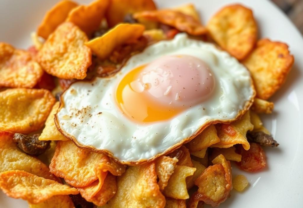 A photo of chilaquiles with fried tortilla chips and a fried egg