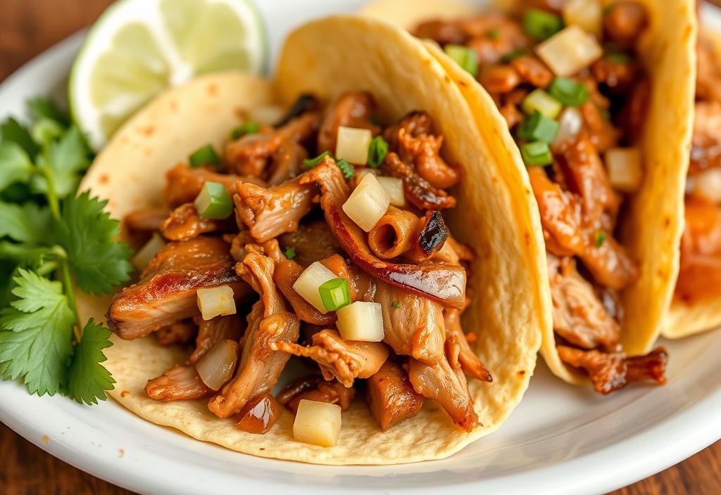 A photo of tacos de carnitas with slow-cooked pork and onions