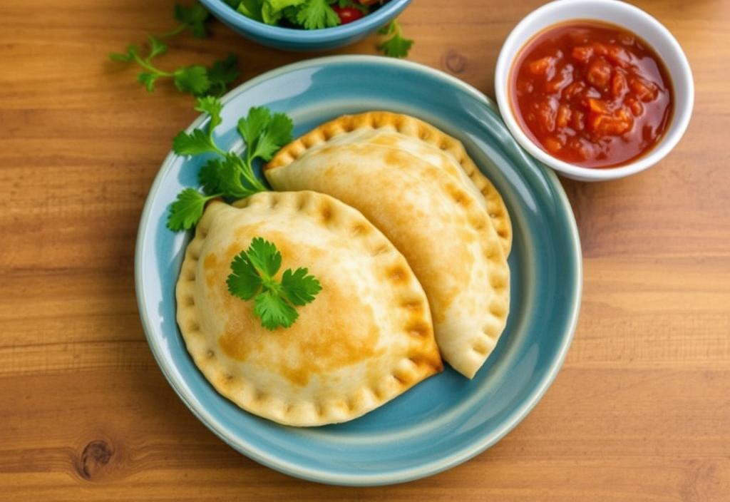 A photo of empanadas with a side of salsa