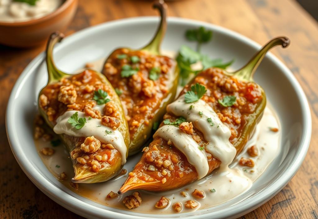 A photo of chiles en nogada with a creamy walnut sauce