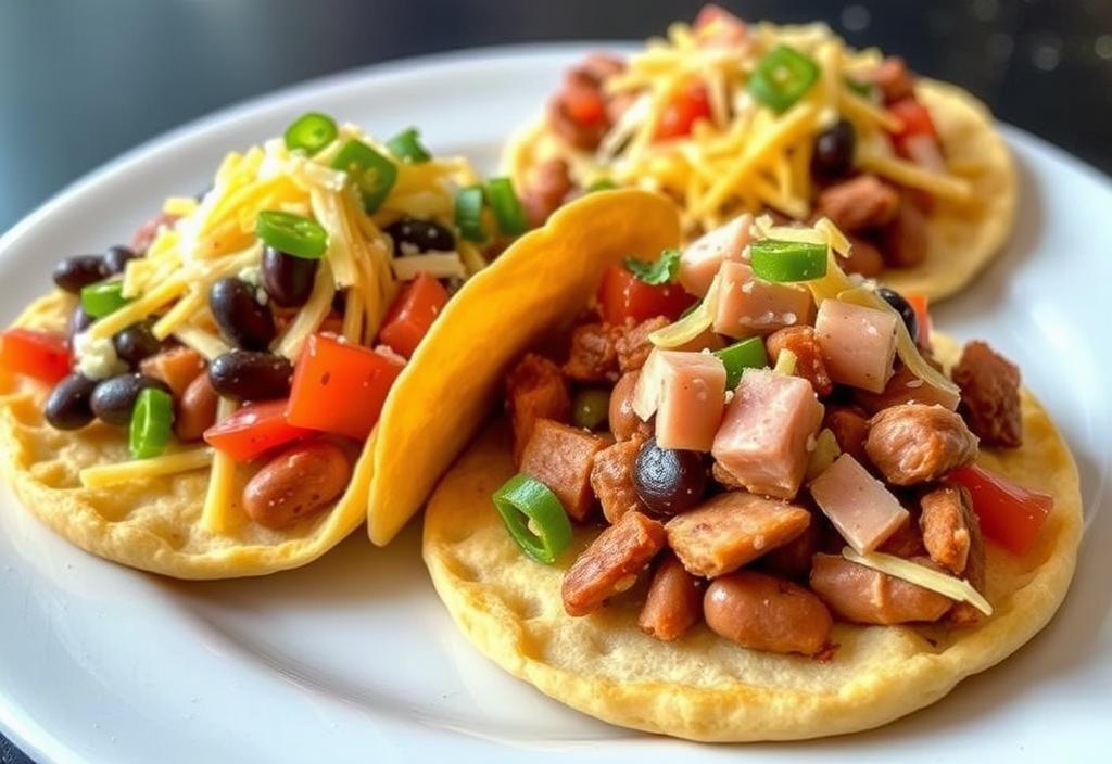 A photo of tostadas with beans, cheese, and meats