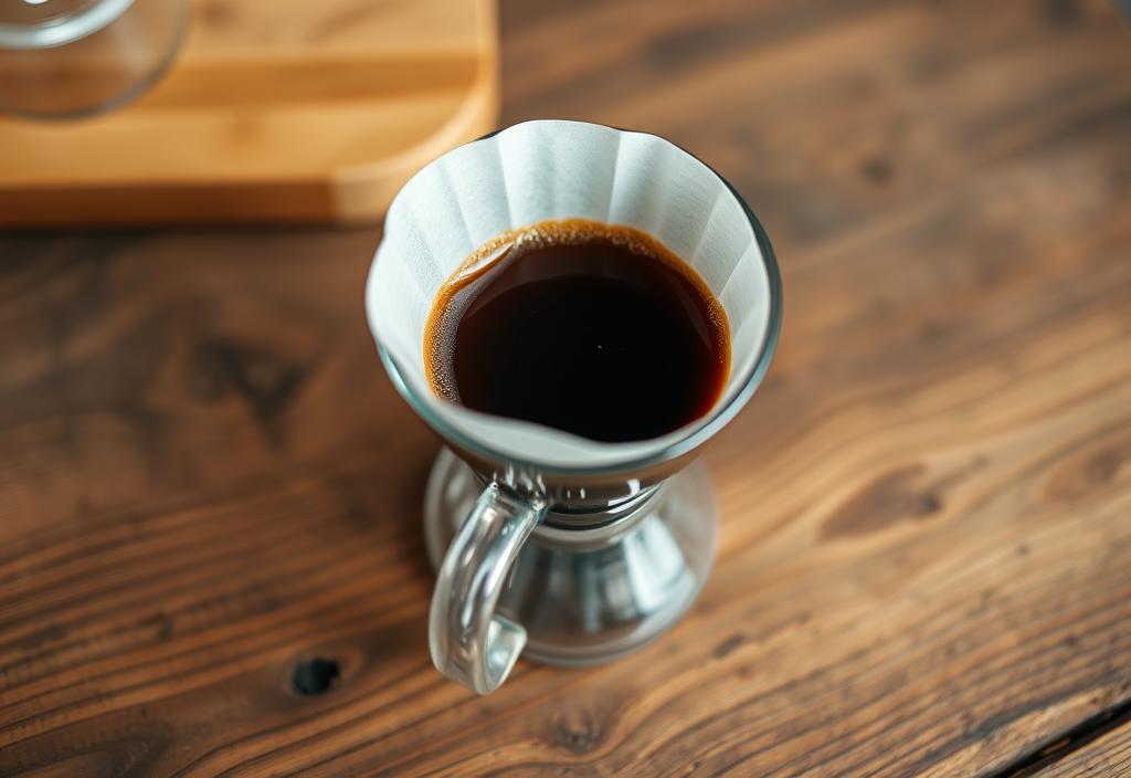 A cup of expertly crafted pour-over coffee on a wooden table