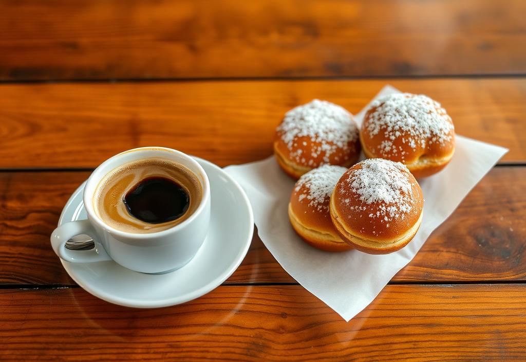 A cup of expertly crafted coffee and beignets on a wooden table