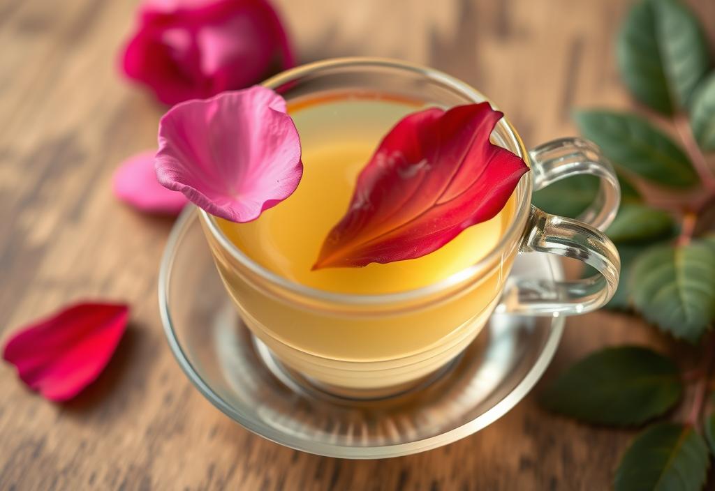 A cup of white tea with a rose petal