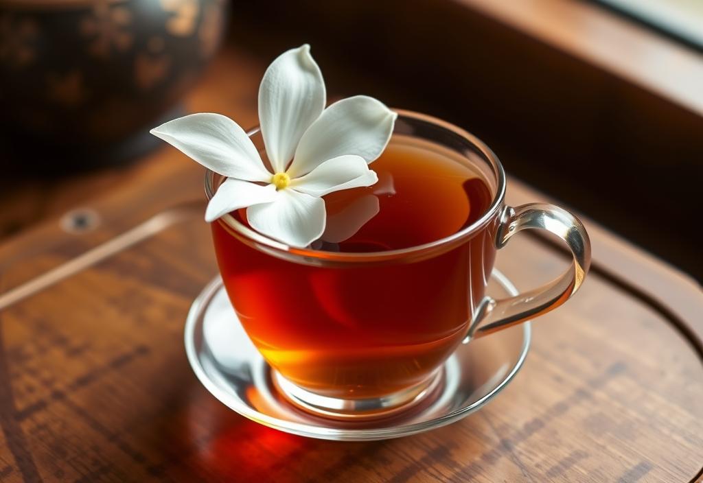 A cup of oolong tea with a jasmine flower