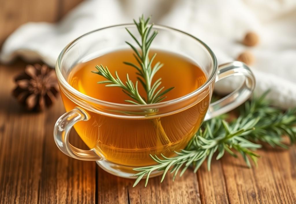 A cup of herbal tea with a sprig of rosemary