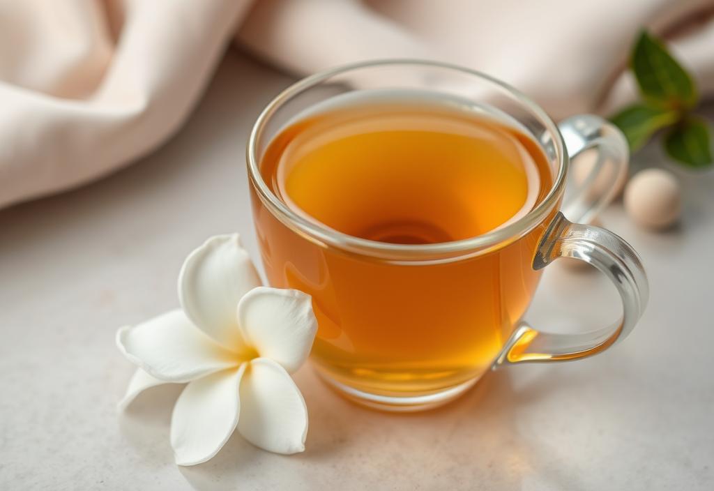 A cup of jasmine tea with a jasmine flower