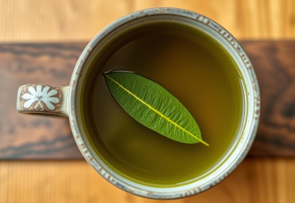 A cup of matcha tea with a green tea leaf