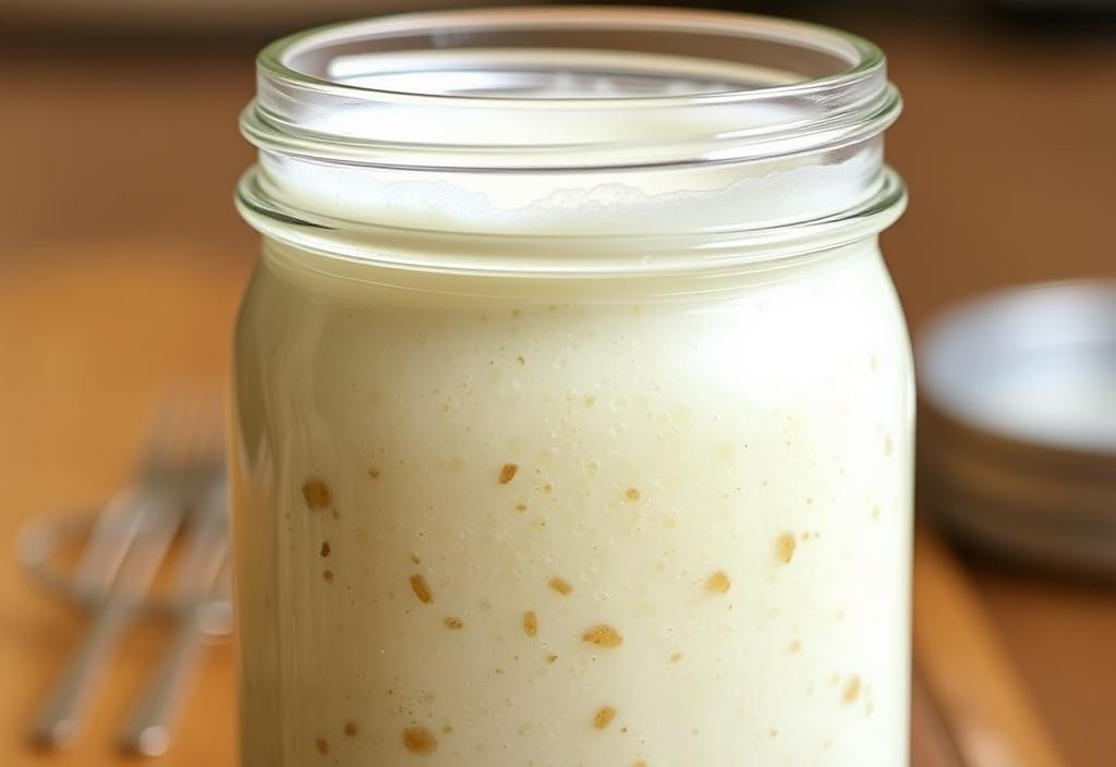 A glass jar filled with a bubbly, frothy sourdough starter