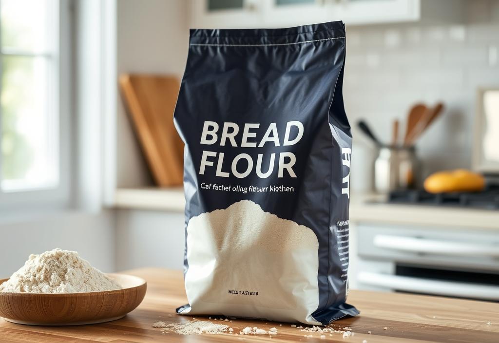 A bag of bread flour on a kitchen counter