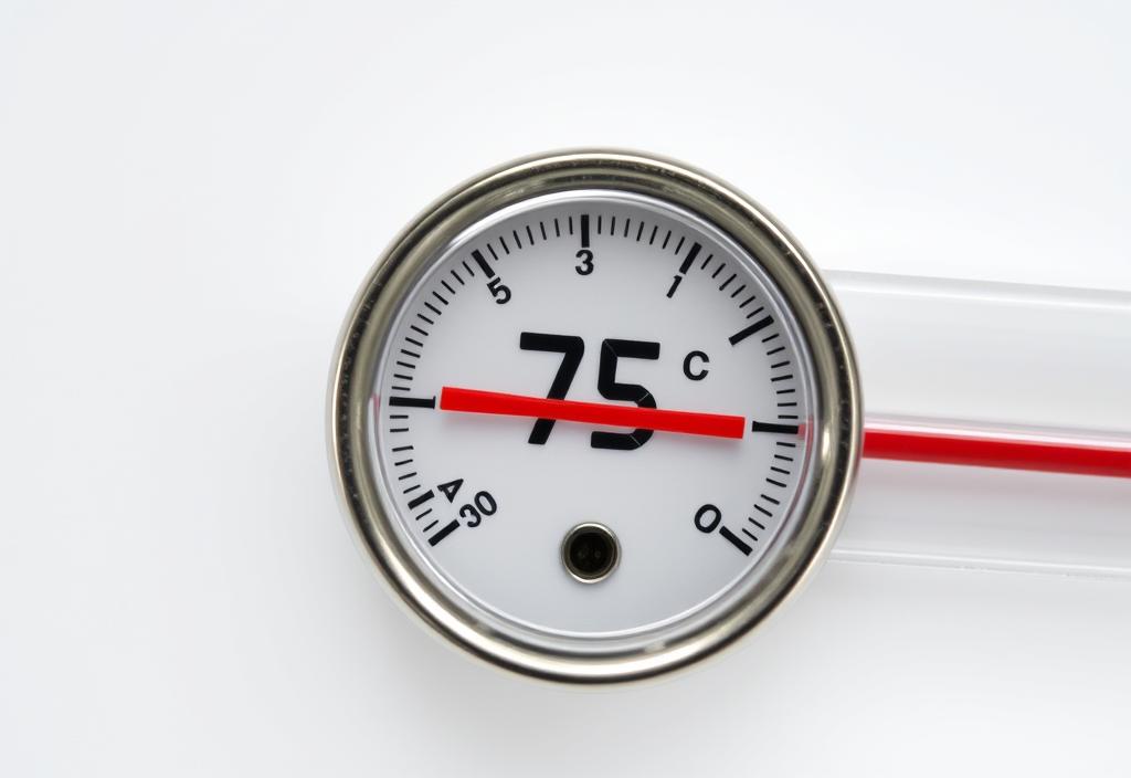 A thermometer reading a temperature of 75°F