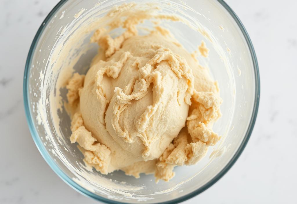 A mixing bowl with a shaggy dough