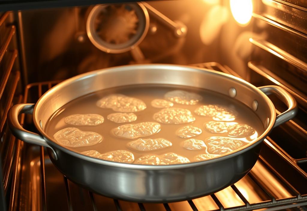 A steam pan filled with water in a hot oven