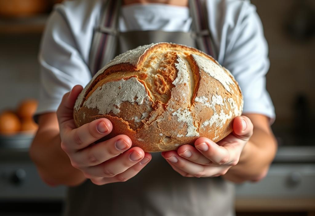 A baker holding up a perfectly baked loaf of sourdough