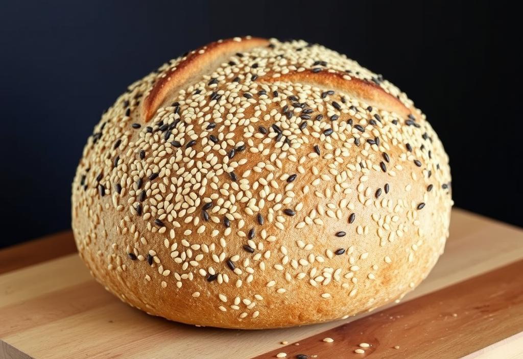 A loaf of sourdough bread topped with sesame seeds and poppy seeds