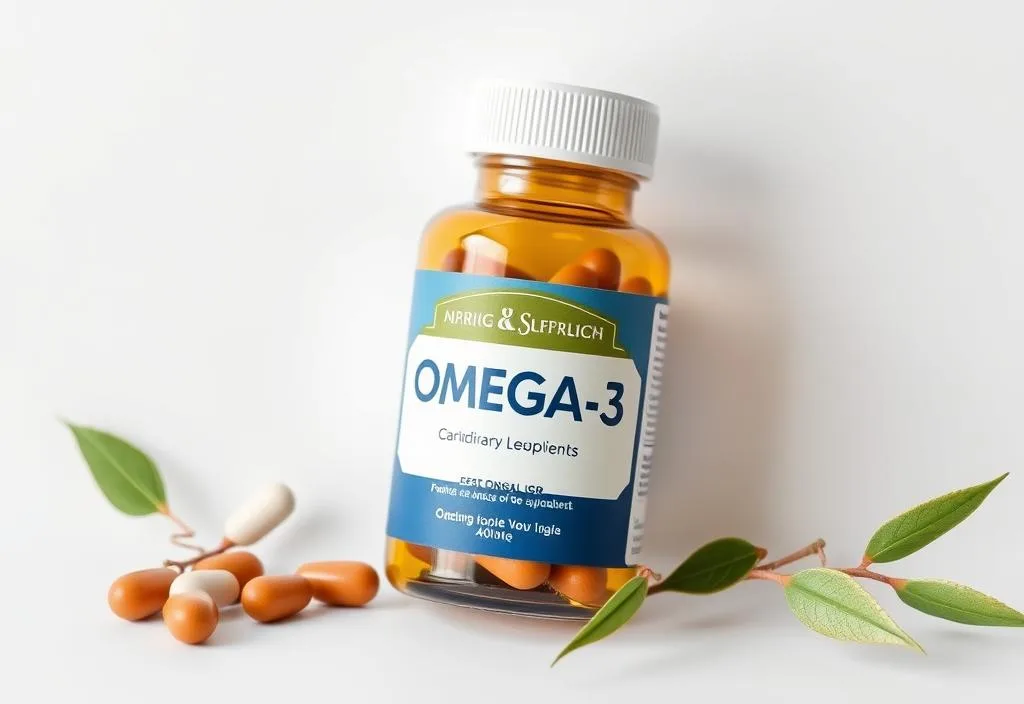 A bottle of omega-3 supplements on a white background