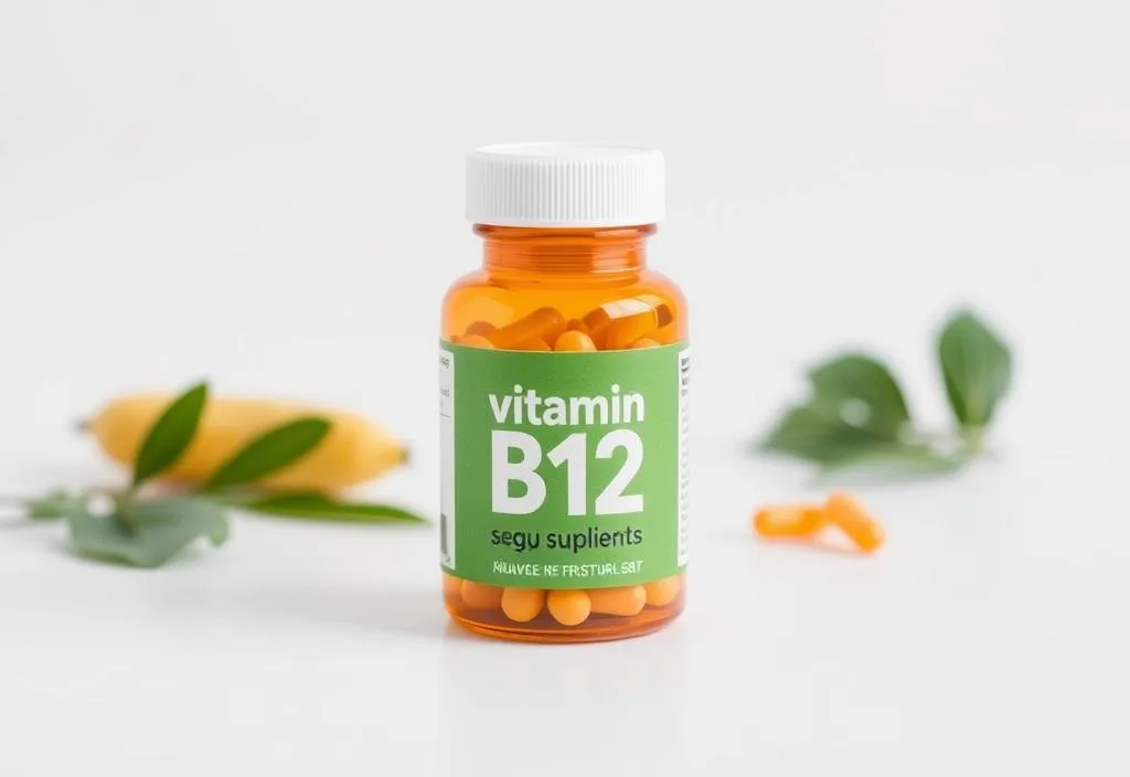 A vitamin B12 supplement bottle on a white background