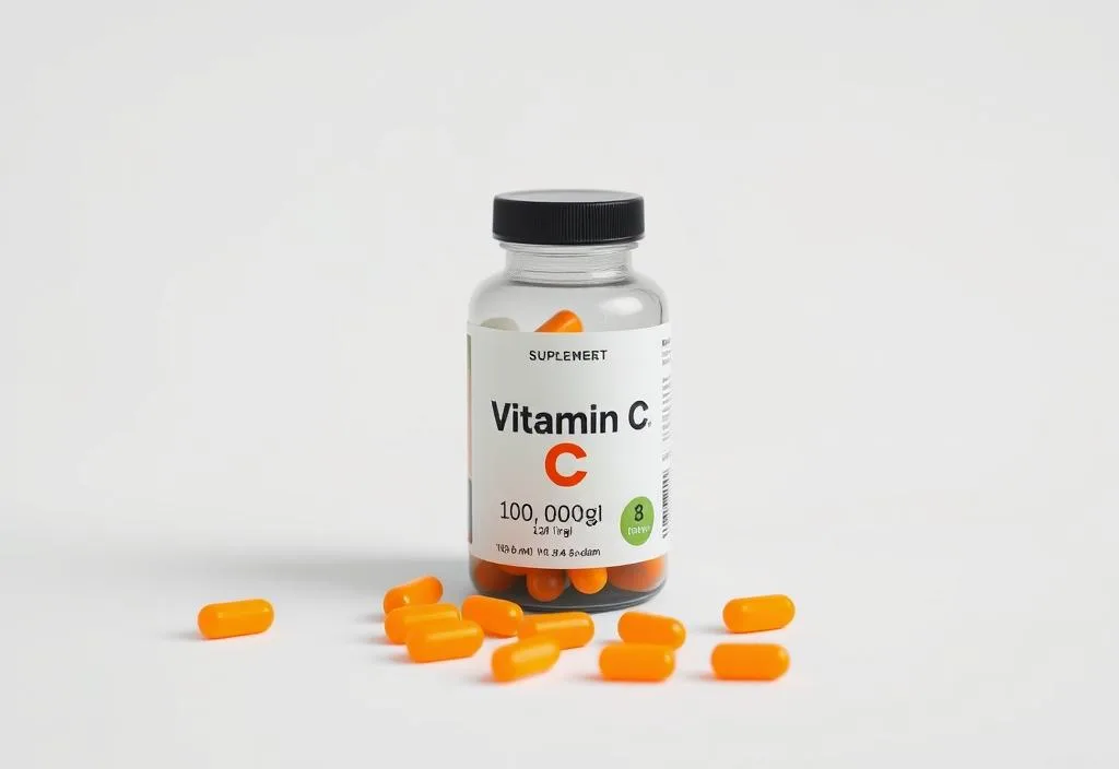 A vitamin C supplement bottle on a white background