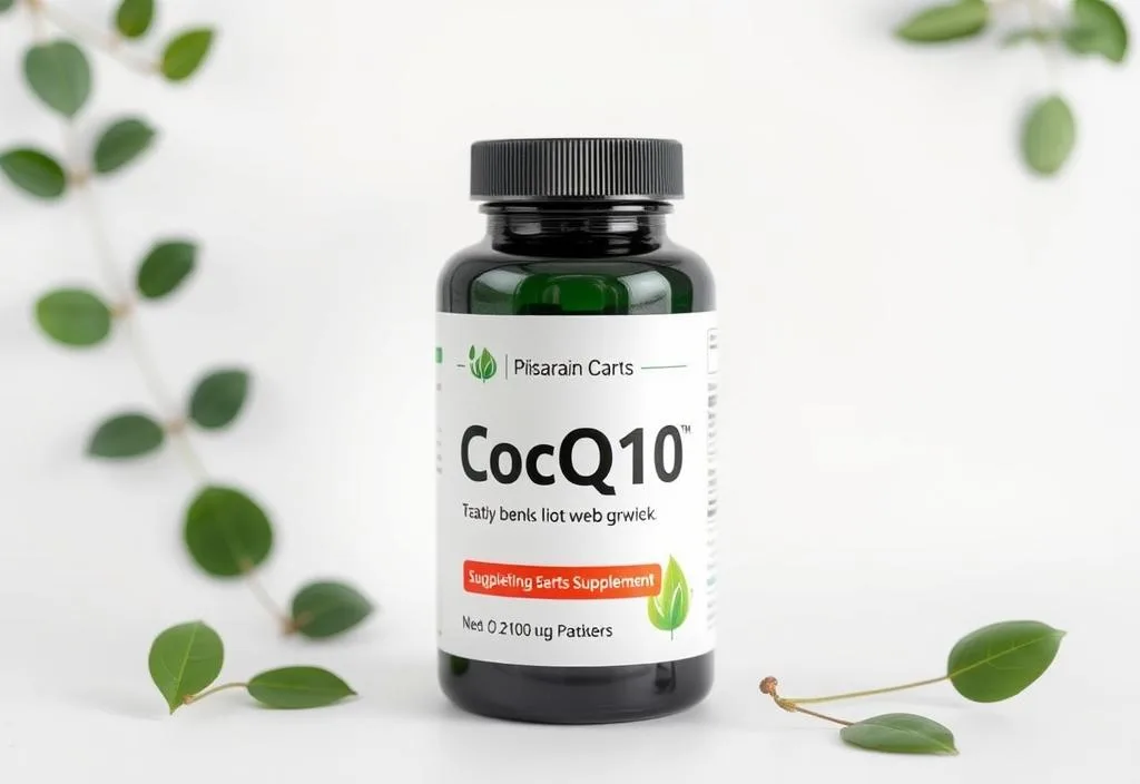 A CoQ10 supplement bottle on a white background