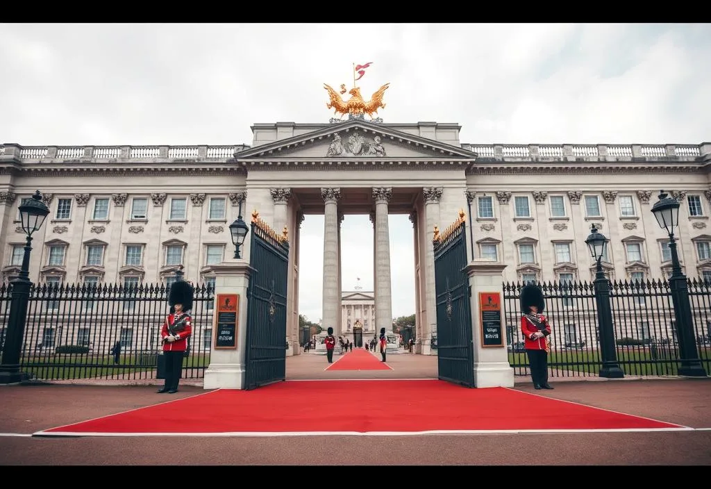 A close-up shot of the Buckingham Palace gates with a red carpet and guards in attendance