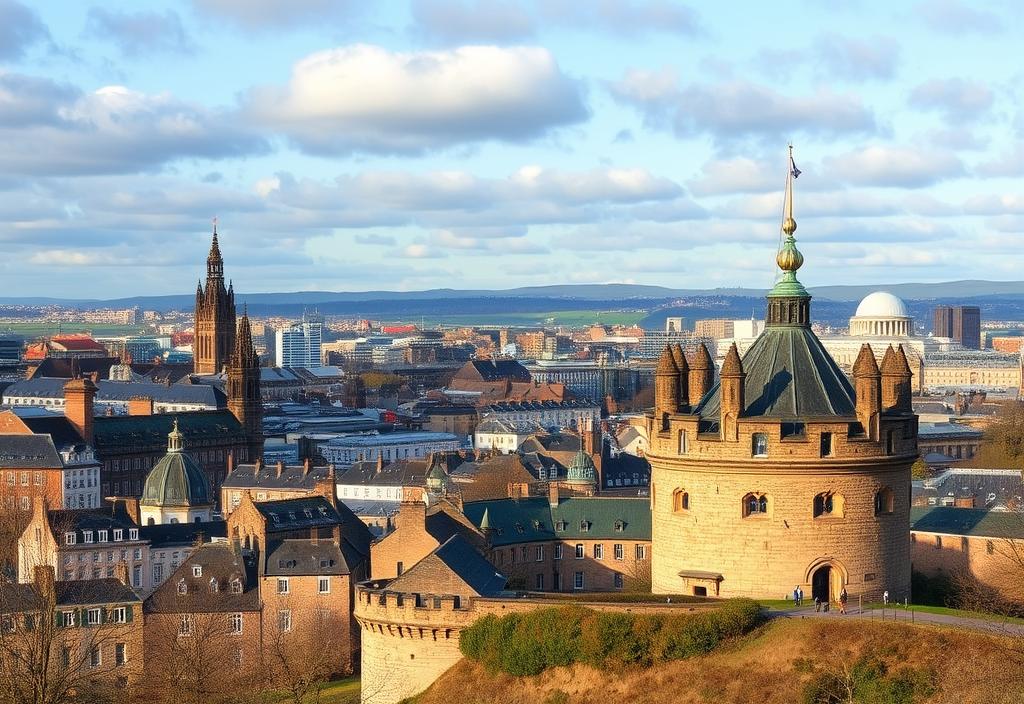 A panoramic view of the Edinburgh city skyline with the castle in the foreground