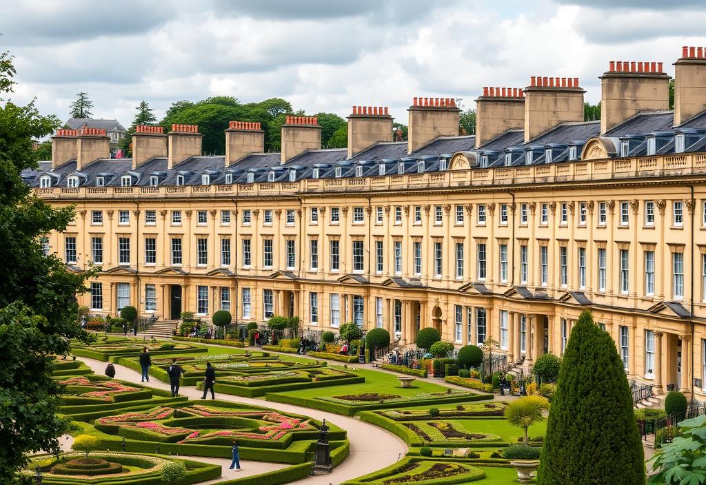 A shot of the Royal Crescent in Bath with its Georgian houses and gardens