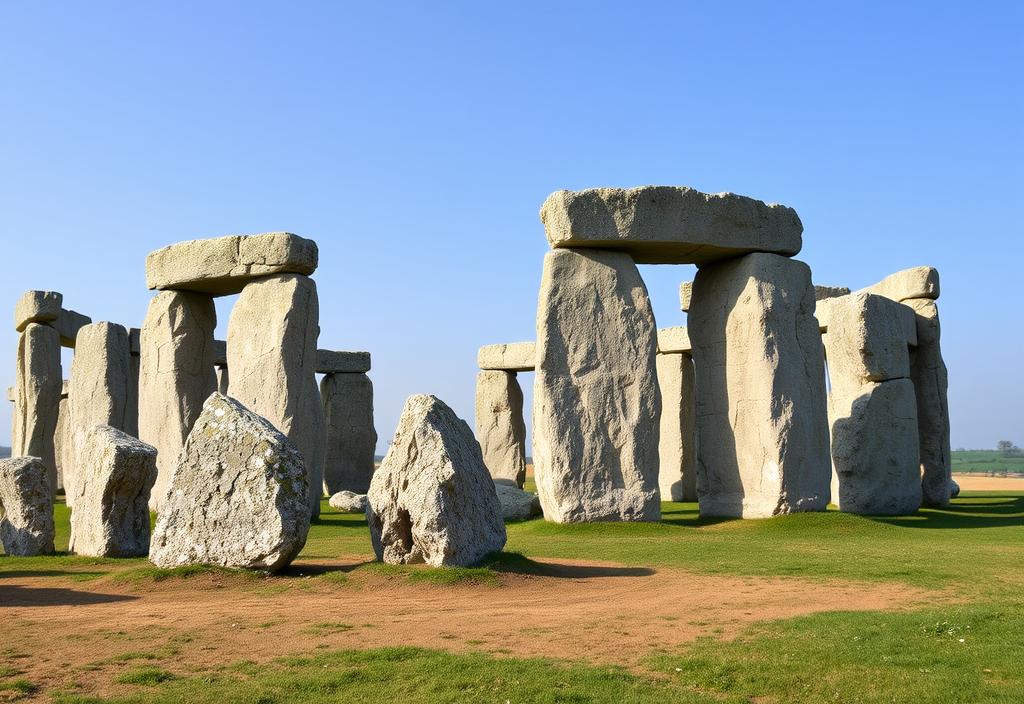 A close-up shot of the iconic Stonehenge monument with its stones and earthworks