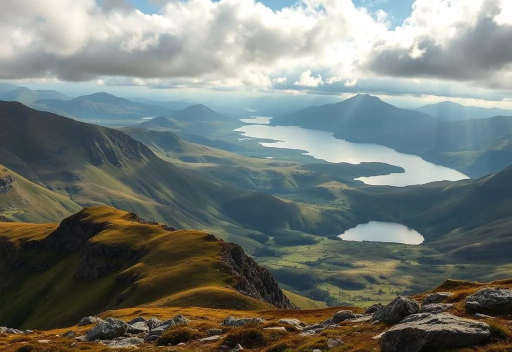 A panoramic view of the Scottish Highlands with its mountains and lochs