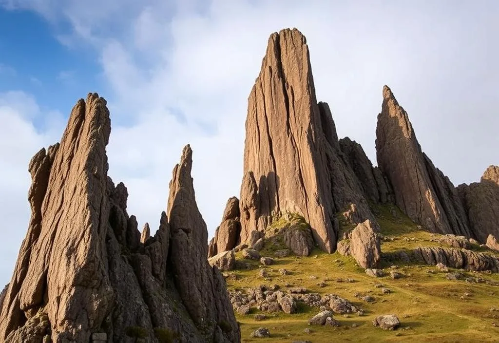 A close-up shot of the Old Man of Storr with its towering rock formations