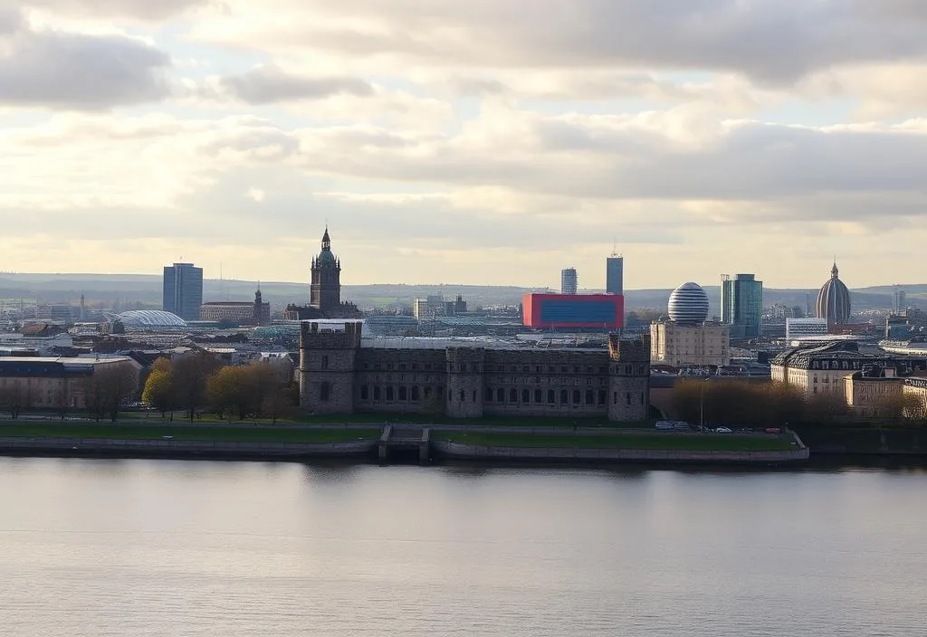 A panoramic view of the Cardiff city skyline with the castle in the foreground