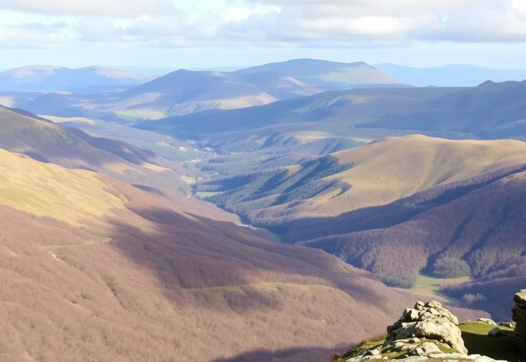 A scenic view of the Peak District with its mountains and valleys