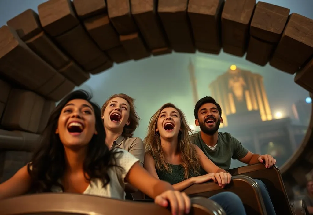 A group of friends screaming as they ride the Revenge of the Mummy roller coaster