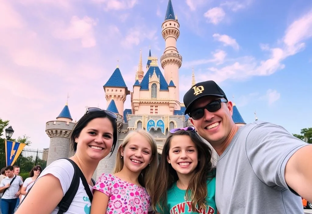 A family taking a photo in front of the iconic Disneyland castle