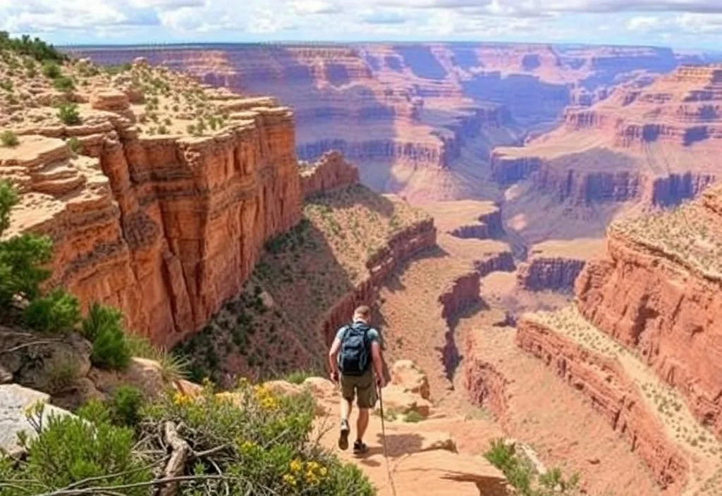 A person hiking down into the Grand Canyon