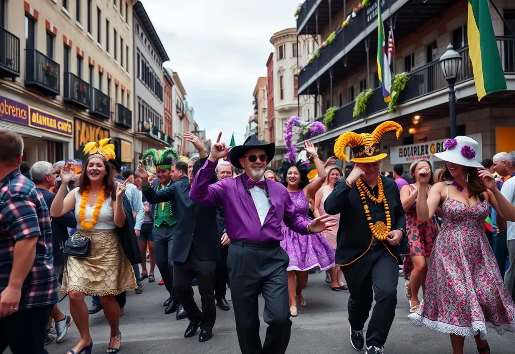 A group of people dancing in the streets during Mardi Gras