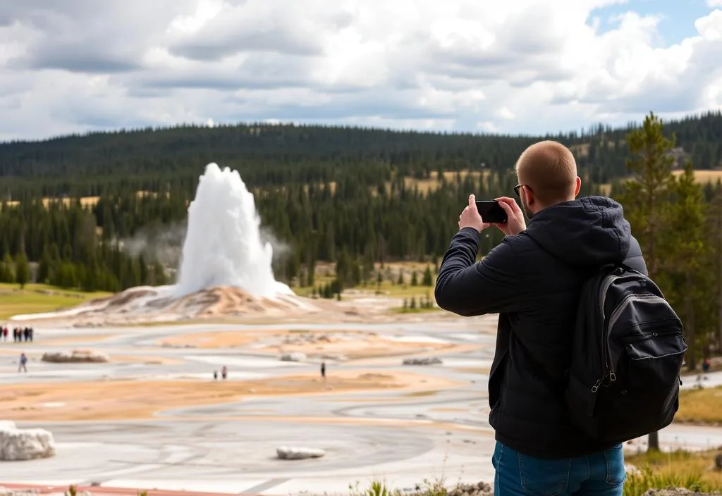 A person taking a photo in front of Old Faithful